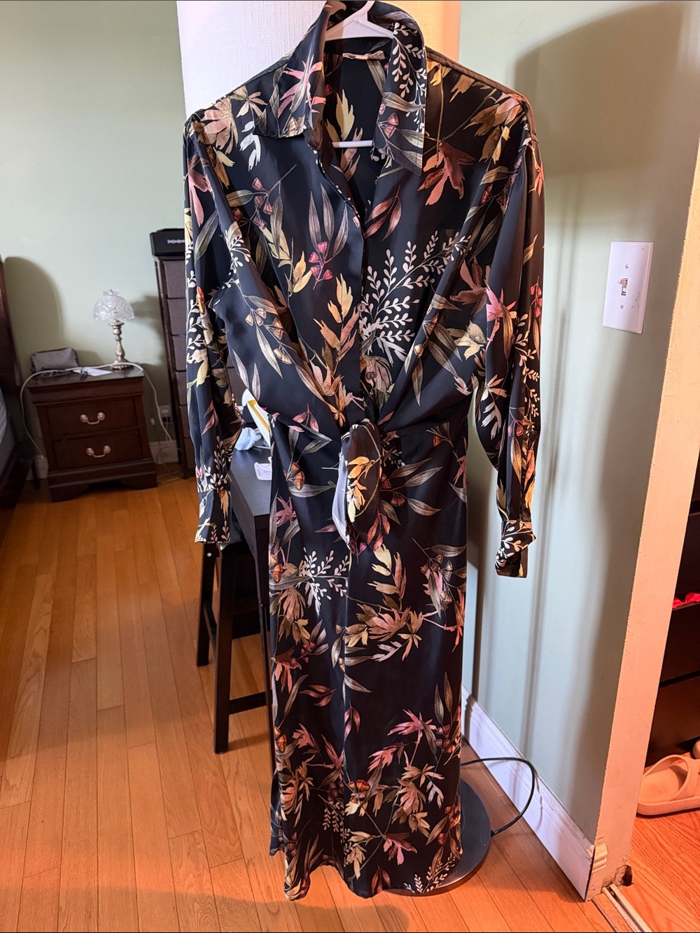 Elan Black Floral Twist-Front Long Sleeve Dress